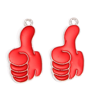 Detailed view of red enamel thumb up charms with silver trim and metal rings