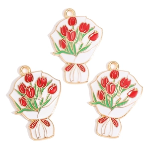 Enamel tulip bouquet charm with red flowers and golden hardware for DIY jewelry making