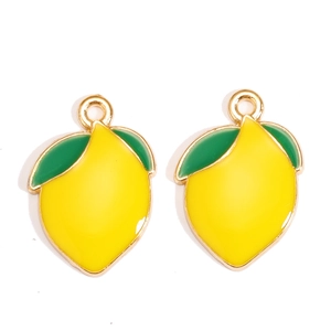 Pair of yellow lemon fruit alloy pendants with green leaves for DIY jewelry making
