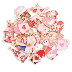 Enamel heart charms and gnomes for DIY Valentine jewelry making in pink and red