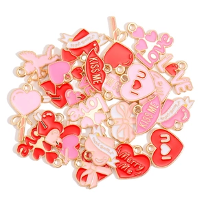 Mix of 24 Valentine's Day enamel charms featuring red hearts and love letter motifs