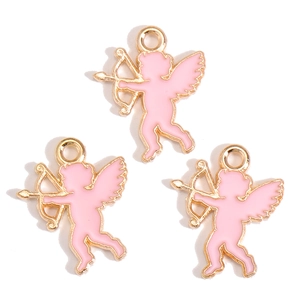 Detailed view of three pink enamel Cupid angel pendants with golden metal loops