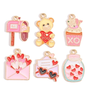 6pcs red pink enamel heart charms set with bear and mailbox for DIY jewelry making