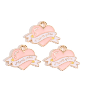 Detailed view of pink enamel heart charms with gold edges and I love you text