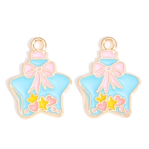 Star-shaped enamel charms with pink bow pattern and golden alloy frame for DIY jewelry