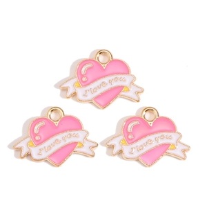 Pink heart charms with I love you banner and gold plating for DIY jewelry making