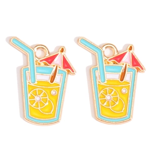 Close-up of alloy enamel summer drink pendants with lemon slices and blue straws