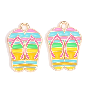 Macro shot of colorful striped flip-flop charms with gold alloy edges for DIY jewelry
