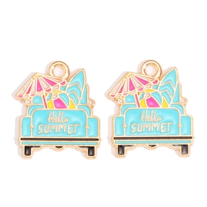Detail of Hello Summer alloy charms featuring a beach van with surfboard and umbrella