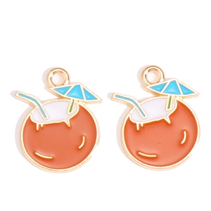 Detail of two summer coconut drink enamel charms with blue umbrellas for DIY jewelry