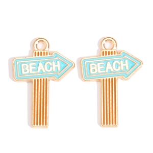 Detail of light blue enamel beach sign pendants with golden alloy plating for DIY crafts