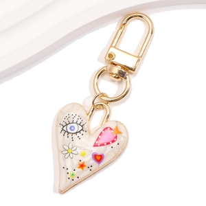 Detailed view of heart-shaped evil eye keychain with gold alloy lobster clasp and colorful enamel