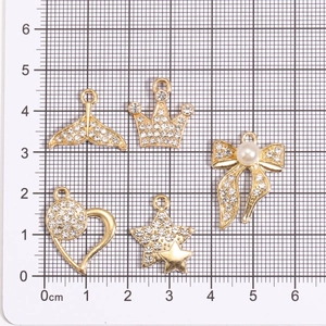Golden alloy pendants with rhinestones in crown heart and star shapes for DIY jewelry