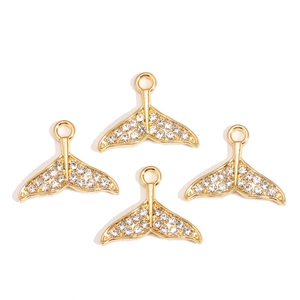 Detailed view of four gold-plated mermaid tail charms with inlaid sparkling rhinestones