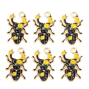Lot de 6 pendentifs scarabée noir et or avec motifs floraux jaunes pour bijoux DIY