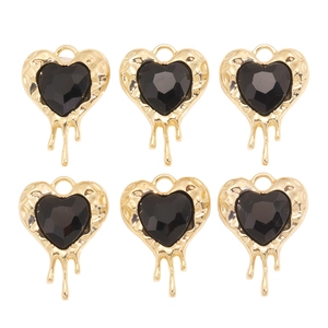 Lot de six pendentifs cœurs en cristal noir facetté avec bordures dorées style lave