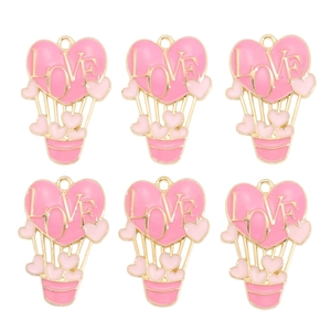 Détails de six breloques montgolfière en cœur rose pour la création de bijoux DIY