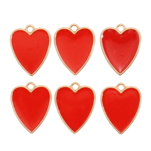 Lot de six pendentifs cœur en émail rouge avec cadres en alliage pour bijoux DIY