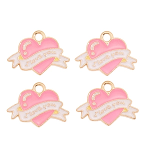 Détails de pendentifs cœur en émail rose avec bannière I love you pour bijoux DIY
