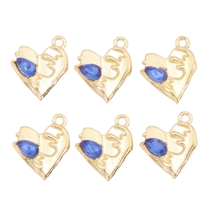 Lot de 6 pendentifs cœur dorés avec cristaux bleus et texture métallique pour bijoux DIY