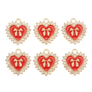 Six pendentifs cœur rouge avec nœud doré et bordure strass pour la création de bijoux DIY