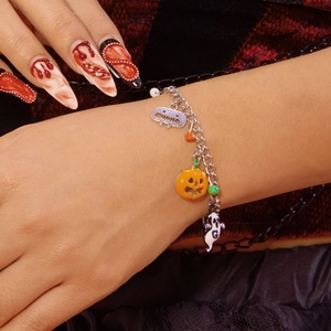 Bracciale con Ciondoli di Halloween in Lega Zucca Fantasma Ragnatela Pipistrello Cappello da Strega Ciondoli Multi Elemento Catena Regolabile Gioielli da Festa Donna