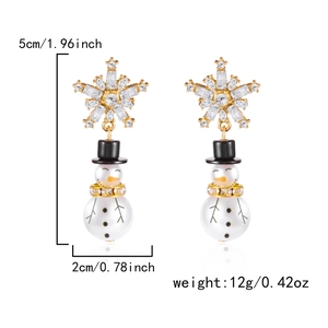 Detailed view of Christmas snowman earrings with rhinestones, black hat and pearl body