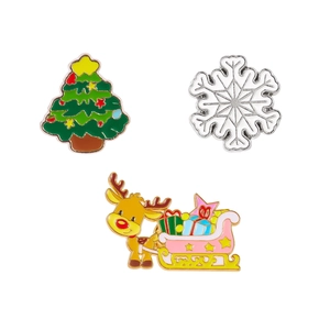 Dreiteiliges Weihnachts-Broschen-Set mit Emaille-Baum, Schneeflocke und Rentierschlitten
