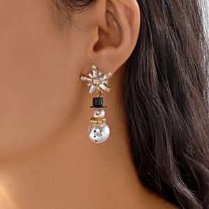 Close-up of Christmas snowman earrings with sparkling snowflake and white pearl body