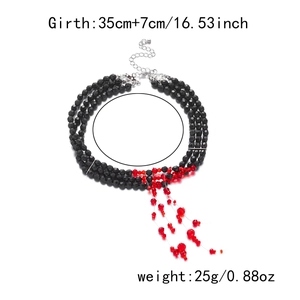 Three-layer black beaded fringe necklace with red blood drop tassels for Halloween