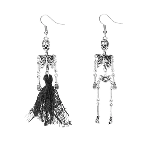 Orecchini a scheletro asimmetrici in argento con gonna di pizzo nero per Halloween