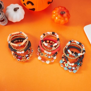 Halloween Personalized Polymer Clay Bracelet Set Handmade Beaded Elastic Bracelets With Skull Pumpkin Ghost Spooky Party Jewelry For Women Men