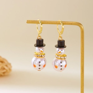 Detail of Christmas snowman earrings with pearls and rhinestones on gold hooks