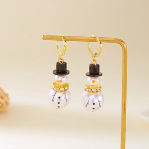 Detailed view of Christmas snowman earrings with black hat and sparkling crystal accents