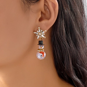 Christmas snowman earrings with snowflake zircon studs and pearl pendants on a model