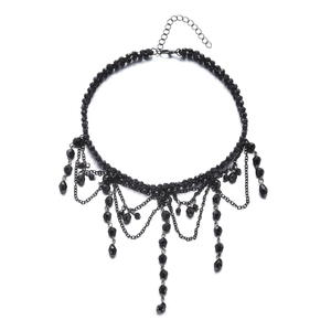 Gothic black beaded layered necklace with dark tassels and teardrop pendants in detail