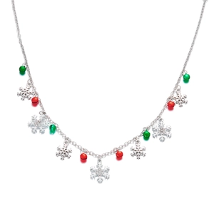 Christmas necklace with silver snowflakes, red and green bells, and sparkling crystals