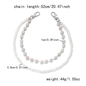 Detail of 52cm double-layer chain featuring 8mm pearls and 10mm rhinestone balls with clasps