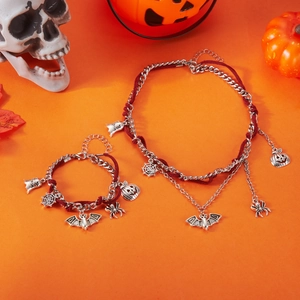 Conjunto de joyas de Halloween con dijes de calabaza y fantasma en collar y pulsera tejida