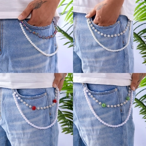 Multi-layer Waist Chain Faux Artificial Pearl Pant Chain Cross Heart Clover Pendant Rhinestone Ball Jeans Belt Accessory Jewelry For Women