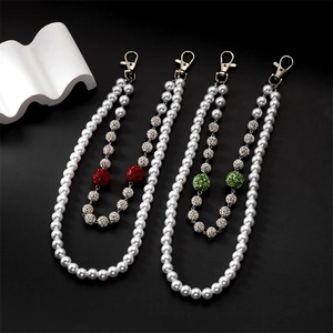 Hip-hop style faux pearl bag charm with sparkling crystal beads and golden lobster clasp