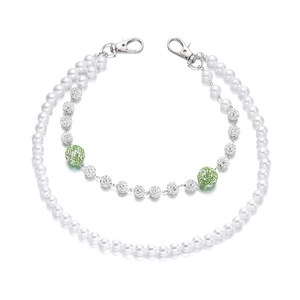 Double-layered hip hop pant chain with white pearls and green crystal beads with lobster clasps