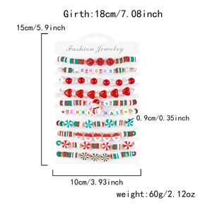 Detailed set of 10 layered Christmas beaded bracelets with snowman charms and festive beads