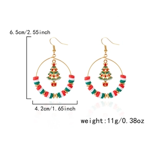 Detailed size view of colorful Christmas hoop earrings with polymer clay and tree charm
