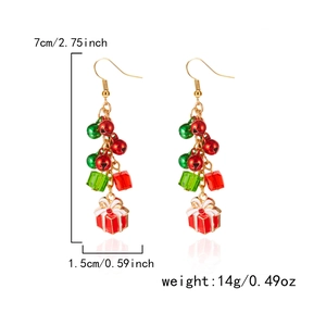 Detail showing dimensions of Christmas wreath earrings with red and green bells and gift box
