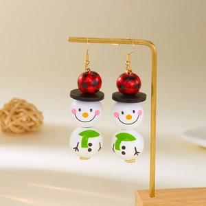 Vue détaillée des boucles d'oreilles bonhomme de neige avec chapeau à carreaux rouges