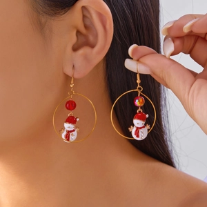 Christmas snowman drop earrings with gold hoops and red scarf charms for women