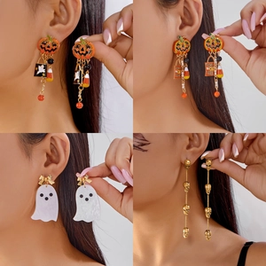 Halloween Pumpkin Ghost Skeleton Tassel Earrings Gothic Punk Rhinestone Enamel Drop Earrings For Women Party Jewelry Gift