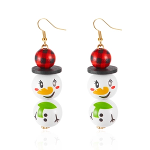 Détails des boucles d'oreilles bonhomme de neige en bois avec perles à carreaux rouges