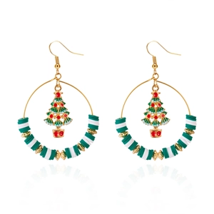 Detailed view of handmade Christmas tree hoop earrings with festive colorful beads